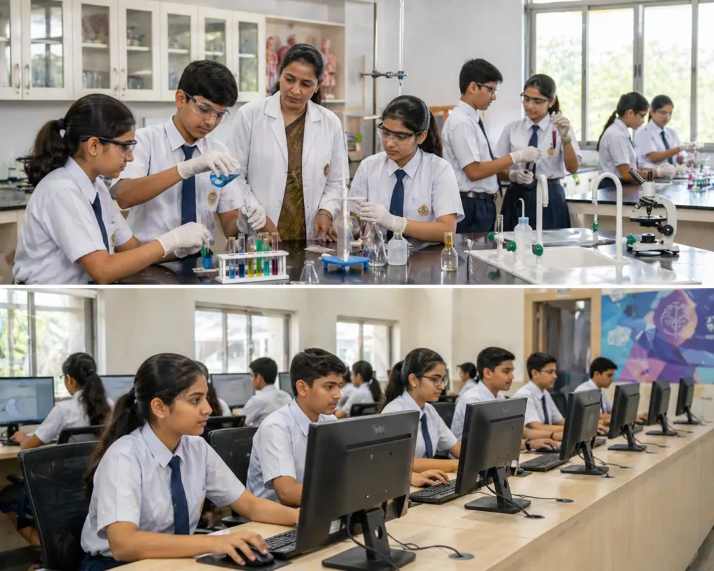 CBSE school lab facilities with students doing experiments and digital learning